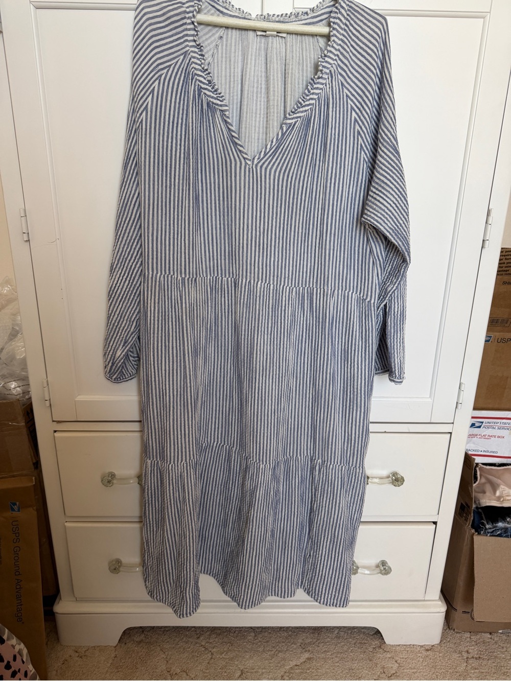beachlunchlounge Blue & White Striped V-Neck Maxi Dress XXL